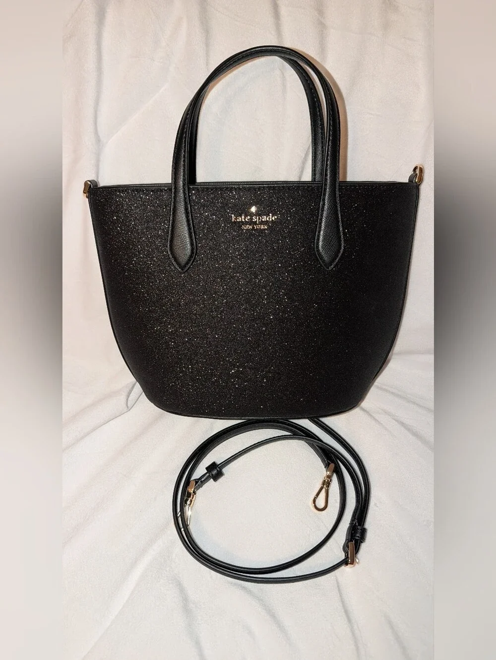Kate Spade New York Glimmer Small Satchel Glitter Fabric Black Gold EUC